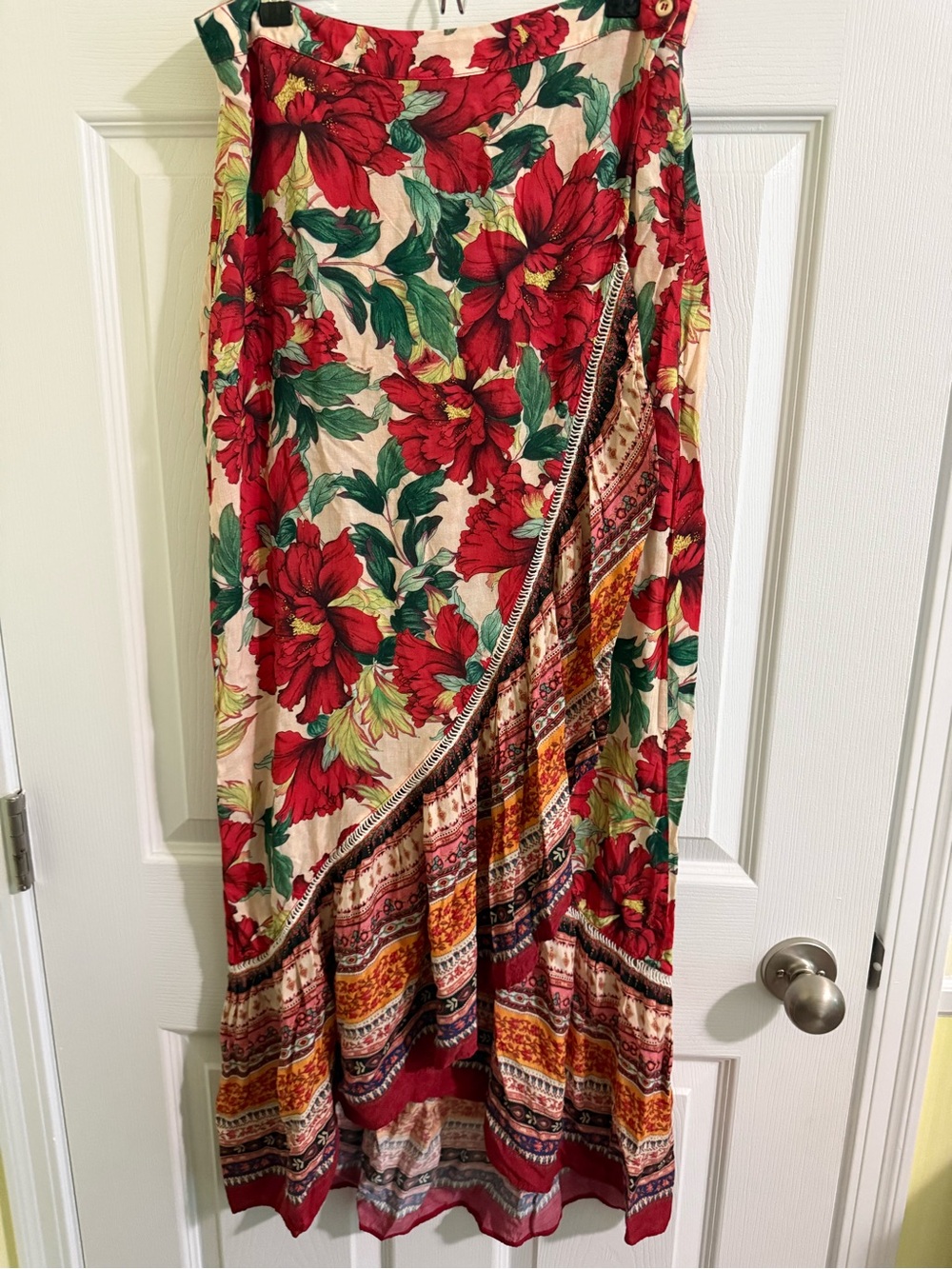 Anthropologie Red Floral High-Low Maxi Skirt with Multicolor Border